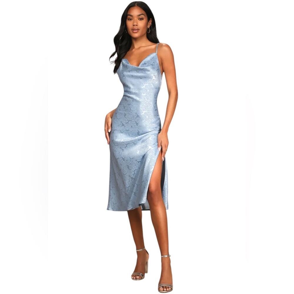Lulu's You're My Type Light Blue Satin Jacquard Midi Slip Dress, M